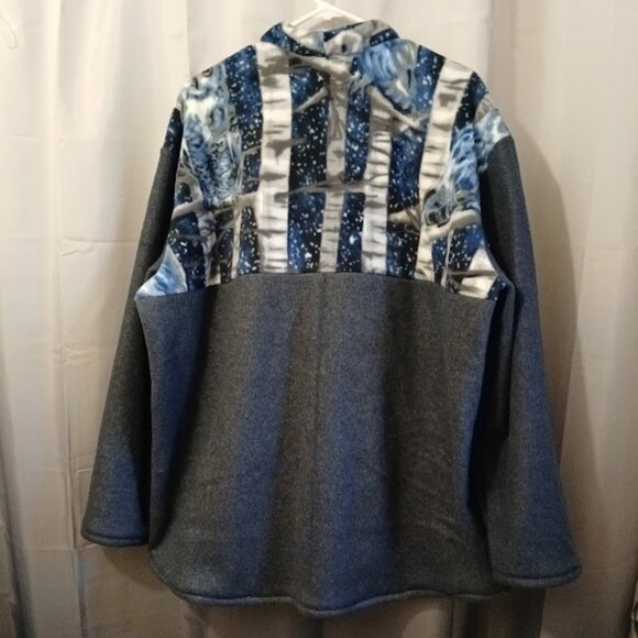 New Fleece Mock neck Sweatshirt XXL Blue Gray Owls contrast Full zip 2 pockets - Picture 9 of 11